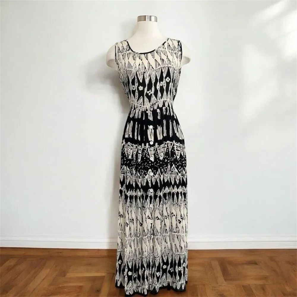 Bila White Black Maxi Dress Medium Boho Paisley Floral Button Down VTG